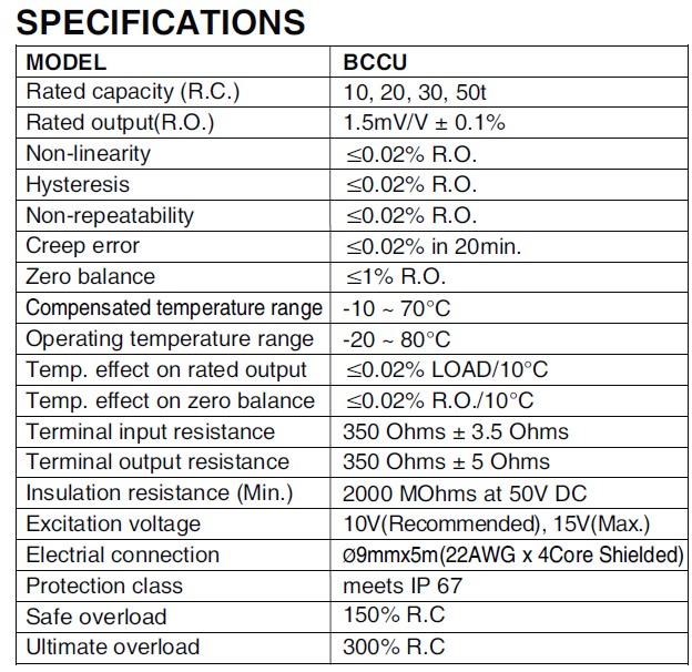 韓國(guó)Bongshin稱重傳感器技術(shù)參數(shù)